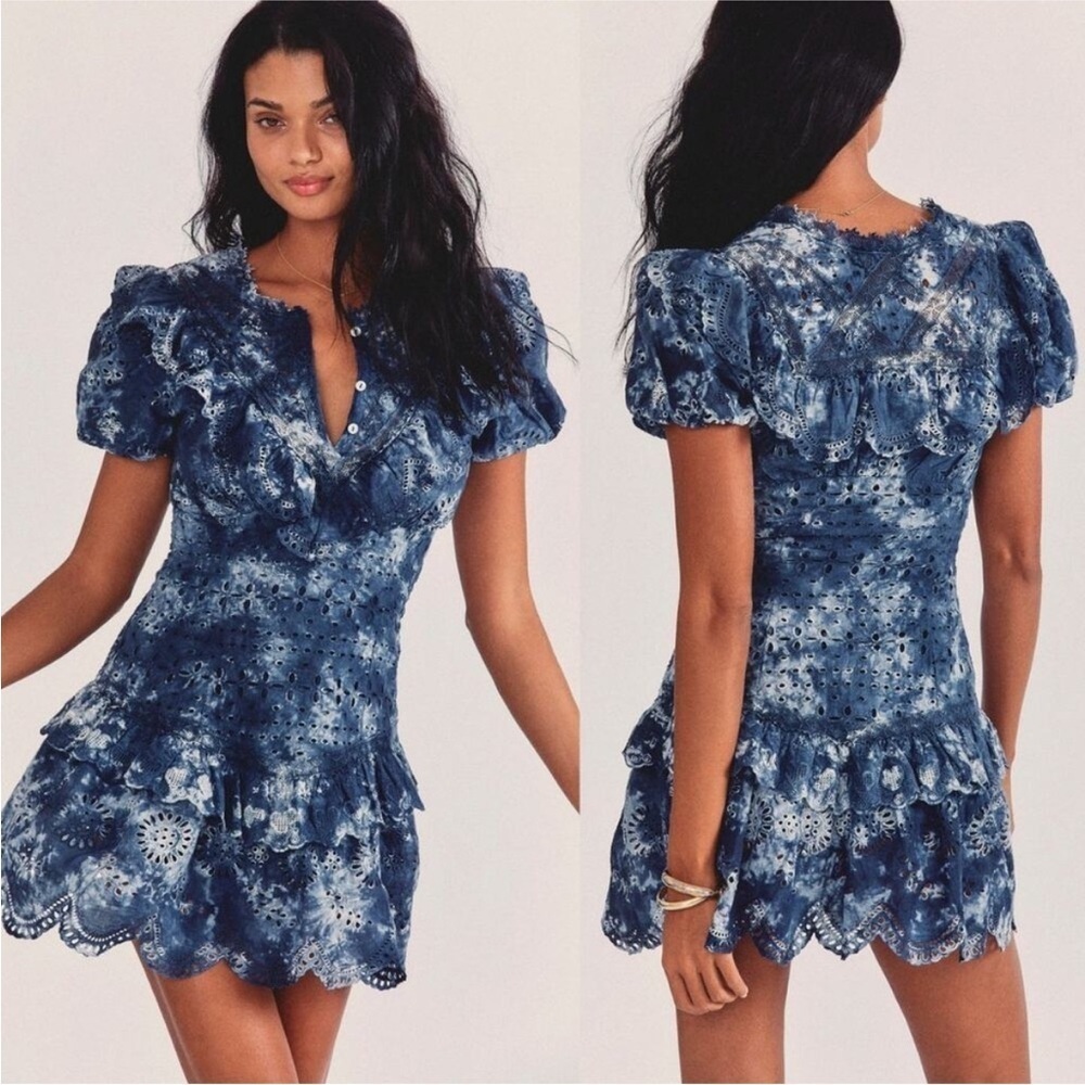 LoveShackFancy Fritzi Ruffle Eyelet Lace Mini Dress Midnight Tie Dye Blue Size 4